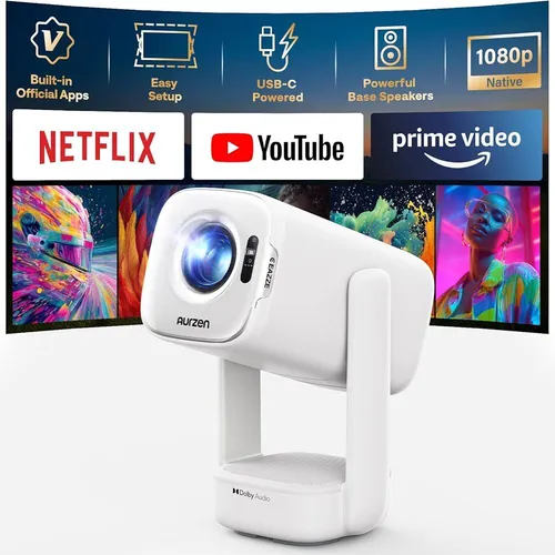 Aurzen D1 air Smart Portable Projector with WiFi and Bluetooth, USB-C Powered, Easy Auto Setup, 16W Dolby Audio, Built-in Official Apps, Native 1080P HDR10, Outdoor Movie Projector 4K Supported, 