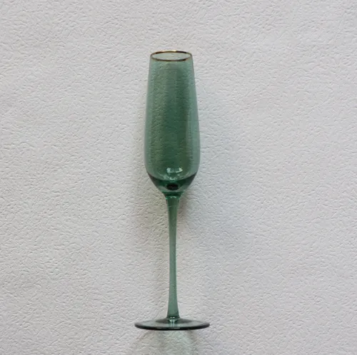 G290 :: Platinum Green with Gold Rim Champagne Flute Glass 8.5 oz