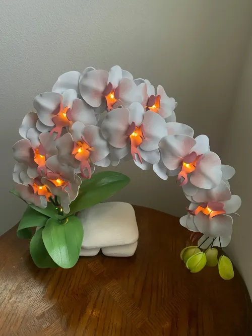 2 branches, Battery-Operated Multi Color Foam-Carved Orchid Table Lamp.