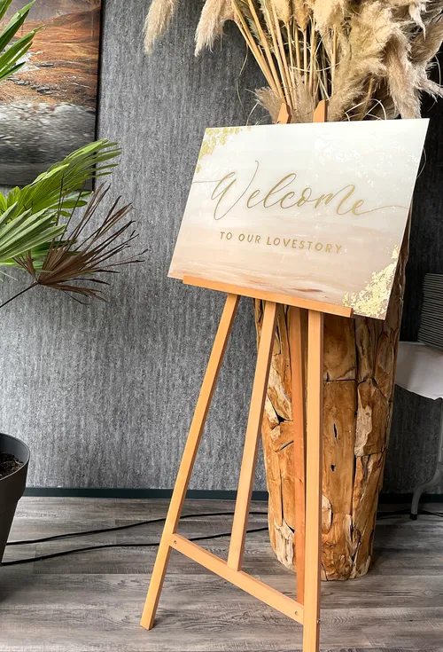 Willkommensschild Acryl macchiatobeige m. Blattgold