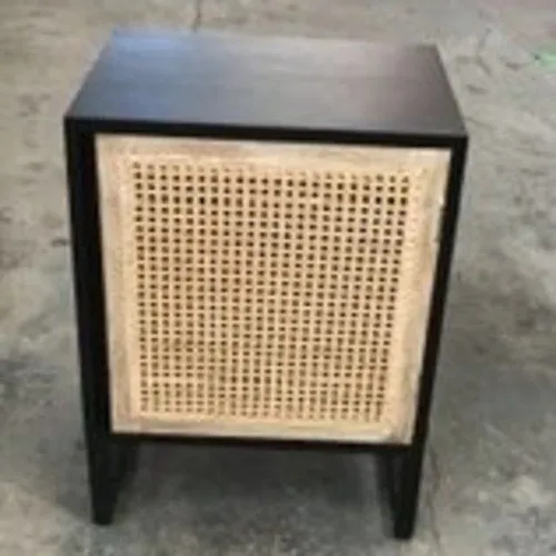 Small Black Bedside Cabinet with Single Rattan Door - BST 6331