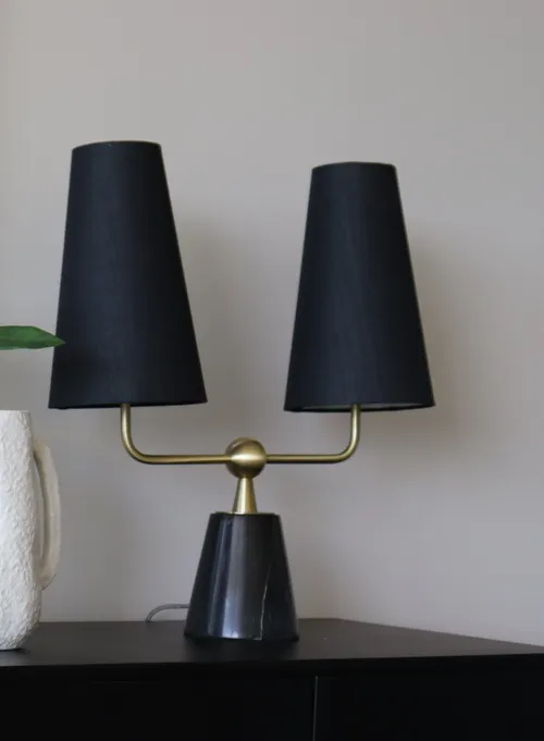 LP 0545 - Table Lamp - Black Marble Cone Base with Dual Gold Stem & Black Cone Shades