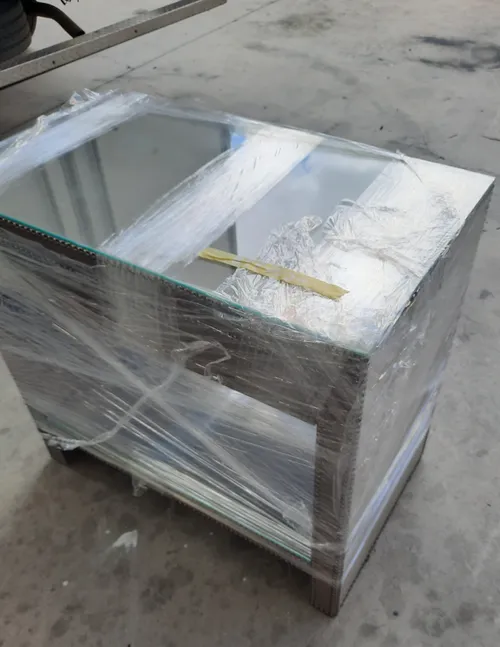 BST 0034 - Bedside Table - Grey Fabric Upholstered with Studs & Glass Top