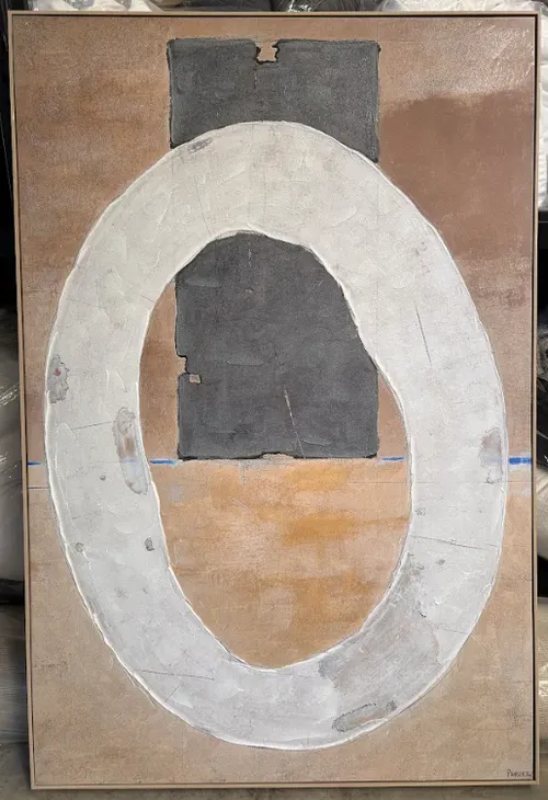 AW 0117 - Artwork - Oversized - Canvas Light Oak Frame Abstract Neutral Tones with Touch of Blue and White Circle 