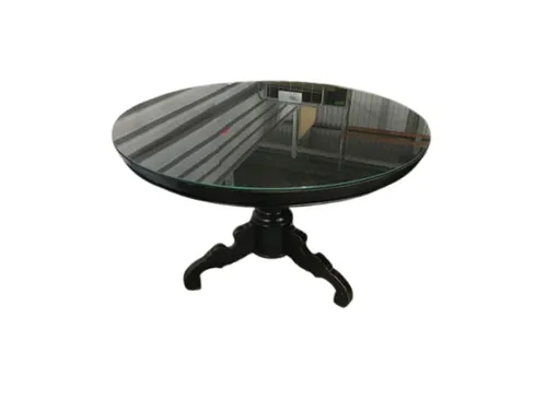 DT 9167 - Dining Table - Circular Black Timber Frame & Ornate Base with Glass Top