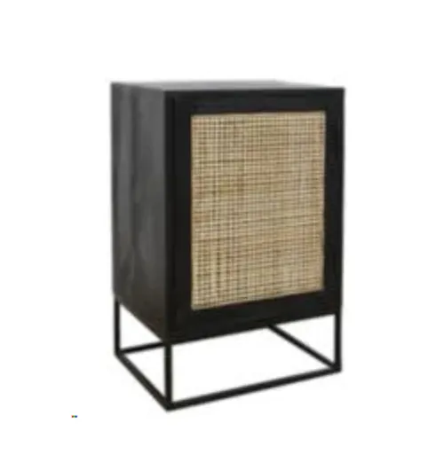 BST 6516 - Bedside Table - Black Wooden with Rattan Door Insert