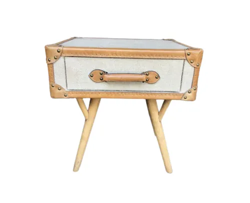 BST 6047 - Bedside Table - Fabric Upholstered with Leather Trim & Suitcase Handle on Natural Timber Legs