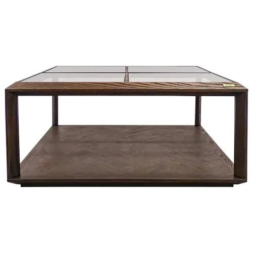 CT 0072 - Coffee Table - Square Cedar Oak with Herringbone Design & Glass 