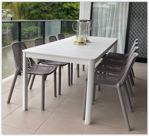 OD DT 6659 - Outdoor - Dining Table - 8 Seater White Slatted Aluminium with Rounded Corners