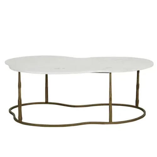 CT 0016 - Coffee Table - Antique Brass Frame with White Marble Cloud Top