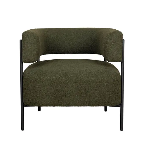 OC 0034 - Plush Khaki Boucle Occasional Armchair with Curved Back & Black Iron Frame