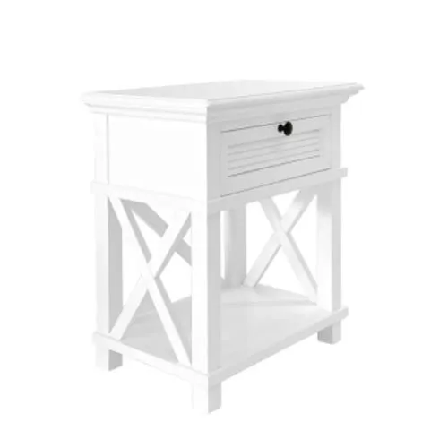 Hamptons White Single Drawer Bedside Table with Ornate Handle & Cross Back - BST 6007