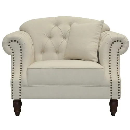 OC 7842 - Traditional Arm Chair in Studded Natural Linen with Tufted Buttons & Rolled Arms