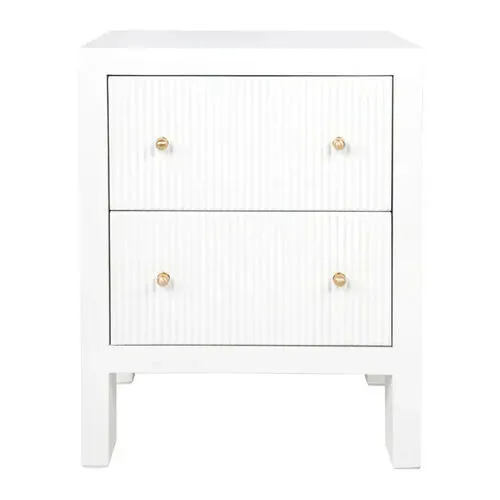 Small White Timber Fluted 2 Drawer Bedside Table with Brushed Gold Handles - BST 0123