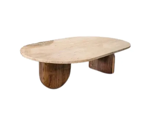 CT 0080 - Coffee Table - Oval Beige & Brown Travertine Top with Wood Legs