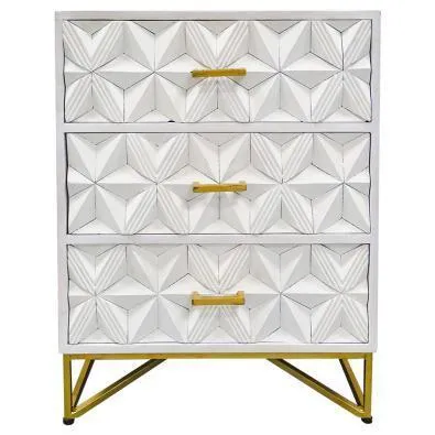 3 Drawer White Carved Motif & Antique Brass Bedside Table - BST 0033