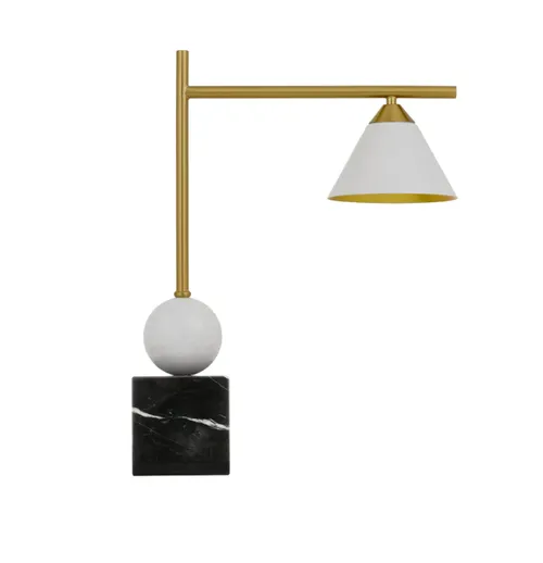 LP 0072 - Table Lamp - Marble Cube Base, Gold Frame with Glass Cone Shade