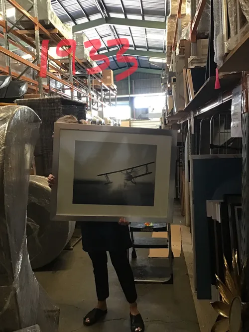 AW 1938 - Artwork - Medium - Black & White Aeroplane with Horizon in the Background, White Border & Silver Frame