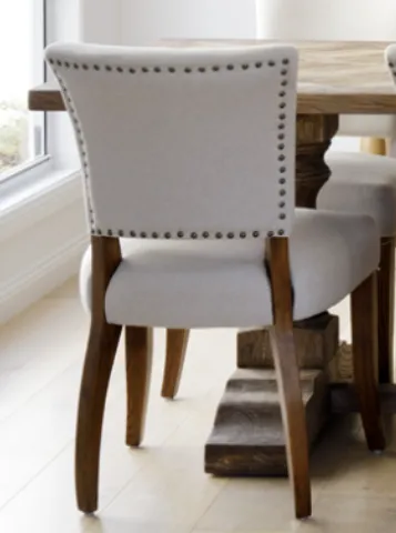 DC 5001 - Dining Chair - Cream Linen Upholstered with Tapered Seat, Studs & Walnut Timber Legs