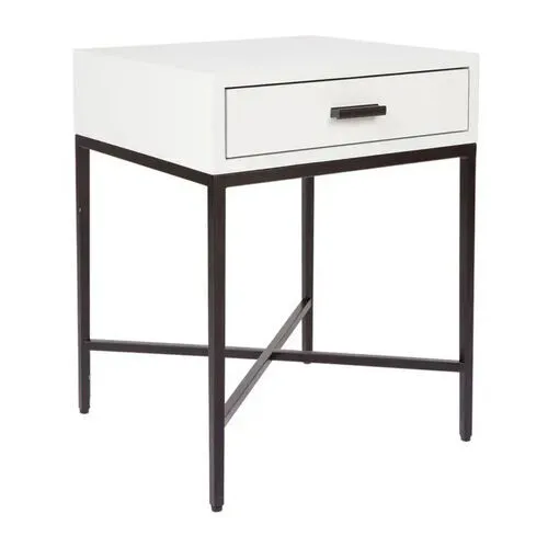Single Drawer White Timber Bedside with Cross Black Metal Legs - BST 0045