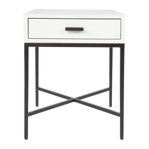 BST 0045 - Single Drawer White Timber Bedside Table with Cross Black Metal Legs
