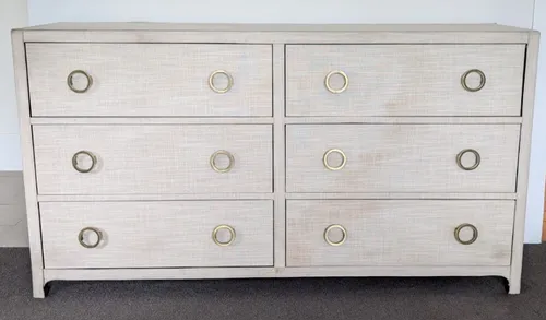 BF 1009 - Cabinet - 6 Drawer Cream Fabric Upholstered Dresser with Brass Handles - L 160 cm, W 42 cm, H 87 cm.