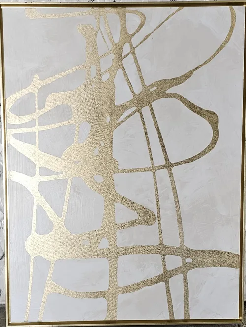 AW 0238 - Artwork - Medium - Abstract Metallic Gold & Cream Brush Stroke on White Canvas