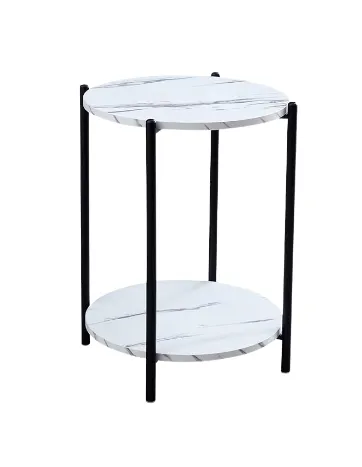 ST 9597 - Side Table - Circular 2 Tier White Marble Shelves on Black Frame