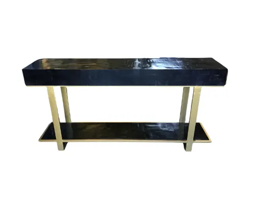 CN 6831 - Console - Black Timber Block Pattered Top with Shelf on Brass Frame