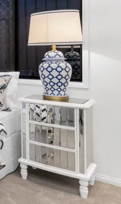 BST 6102 - Bedside Table - 3 Drawer - White Cabinet with Glass Top, Sides & Front