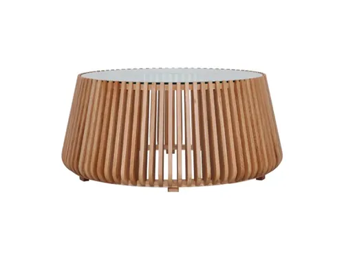 CT 0040 - Coffee Table - Round Glass Top & Mango Wood Slatted Frame