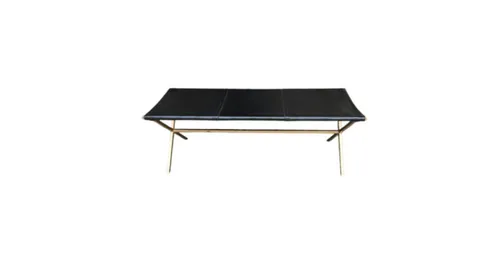 OTT 0008 - Ottoman - Black Leather Sling Bench with Brass Cross Legs
