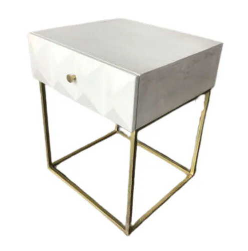 White Wash Timber Bedside Table with Geometric Drawer Motif & Gold Legs - BST 4039