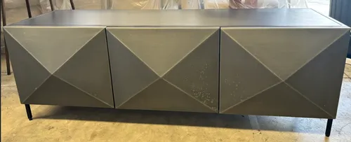 ENT 0005 - Gunmetal Iron Entertainment Unit with Geometric Lines on Sleek Black Base