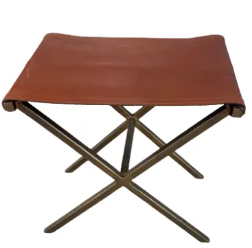 OTT 0088 - Ottoman - Tan Leather Foot Stool Small with Cross Brass Legs