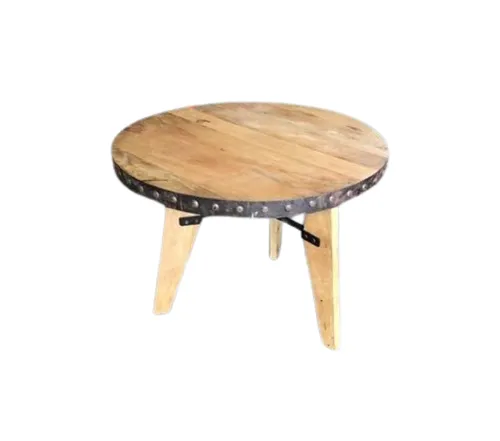 DT 4125 - Dining Table - Small Circular Natural Timber with Brass Studs Edges 