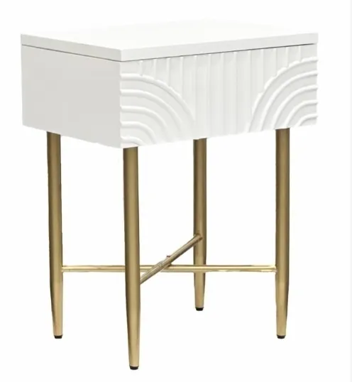 Single Drawer White Wood  Bedside Table with Carved Motif & Gold Legs - BST 0024
