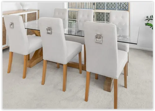 DC 7063 - White Linen Tufted Dining Chair with Natural Timber Legs & Stainless Back Rest Handle