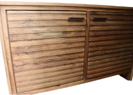 BF 0012 - Cabinet - Small Natural Timber with Slatted Doors & Black Handles