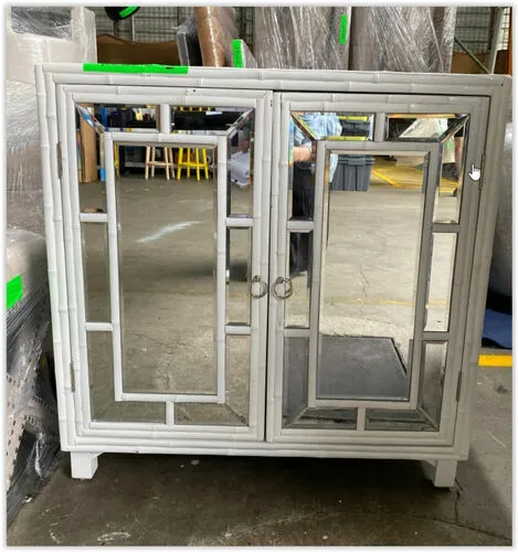 White Bamboo Look Framed Mirrored 2 Door Large Bedside Cabinet - BST 2601