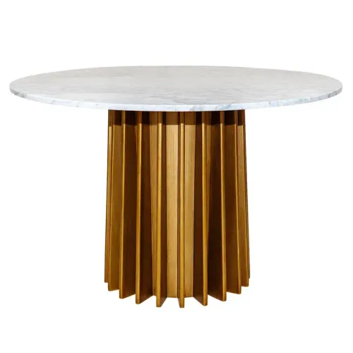 DT 0036 - Round White Marble & Gold Timber Dining Table - Luxe