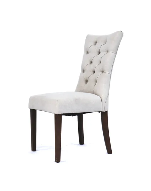 DC 6601 - Grey Linen Dining Chair with Tufted Buttons & Brown Wooden Legs