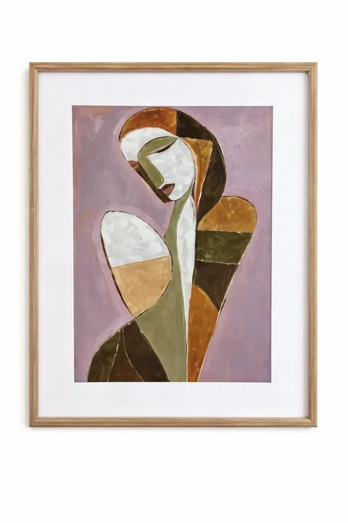 AW 0026A - Artwork - Medium - Framed Glass Timber Abstract Lady Green Mustard and Browns