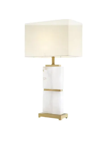 LP 0157 - Table Lamp - White Marble Block with Gold Inlaid Trim & White Box Shade
