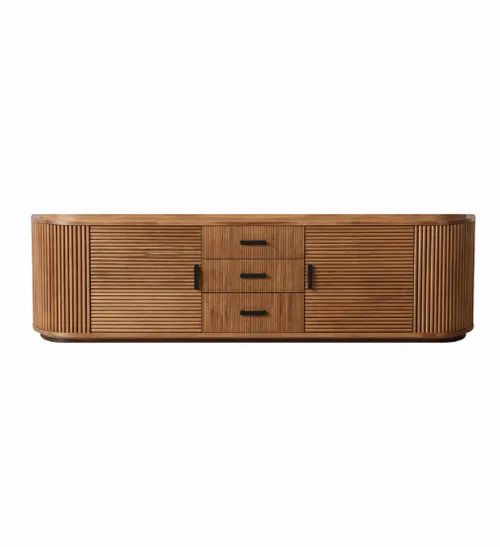ENT 0009 - Entertainment Unit - Medium Toned Timber Ribbed with Curved Edges Black Handles