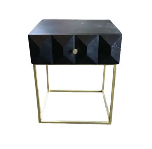 Large Bedside Table - Black with Geometric Single Drawer with Gold Metal Legs - BST 7010