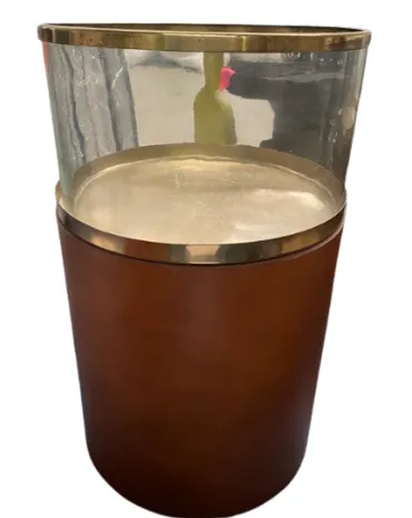 ST 0122 - Side Table - Large Cylindric Tan Leather with Gold Framed Glass Top