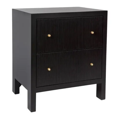 Large Black Timber Fluted 2 Drawer Bedside Table with Brushed Gold Handles - BST 7868