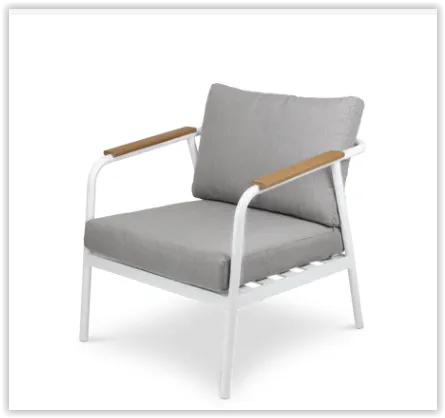 OD OC 5543 - Outdoor - Occasional Chair - White Frame with Timber Arm Rest & Grey Cushions