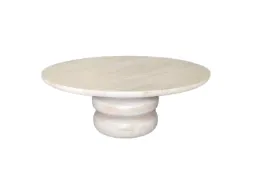 CT 0155 - Round White Wash Timber Coffee Table with Stacked Cylinder Base